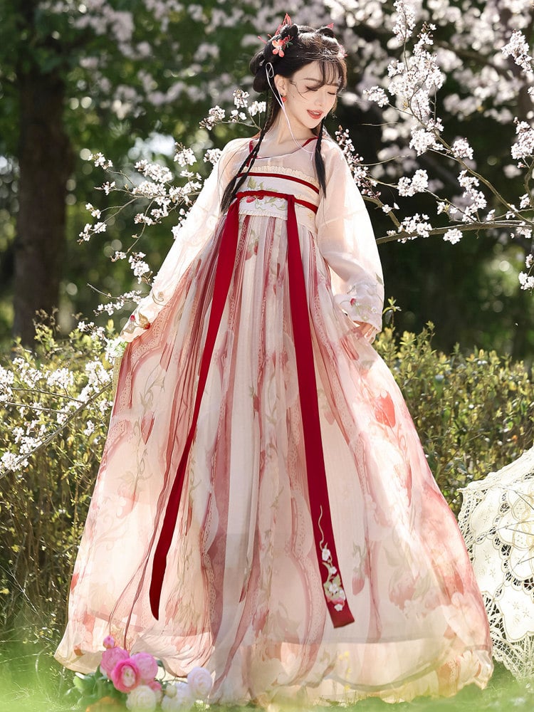 Women’s Tang Dynasty Hanfu Dress – Pink Strawberry Embroidered Qixiong Set