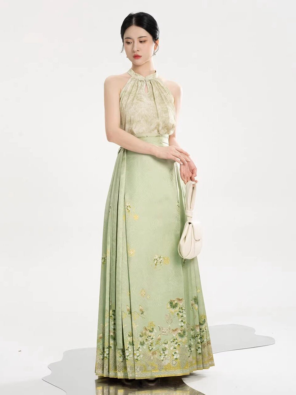 Green Jacquard Halter Top with Chinese-Inspired Styling