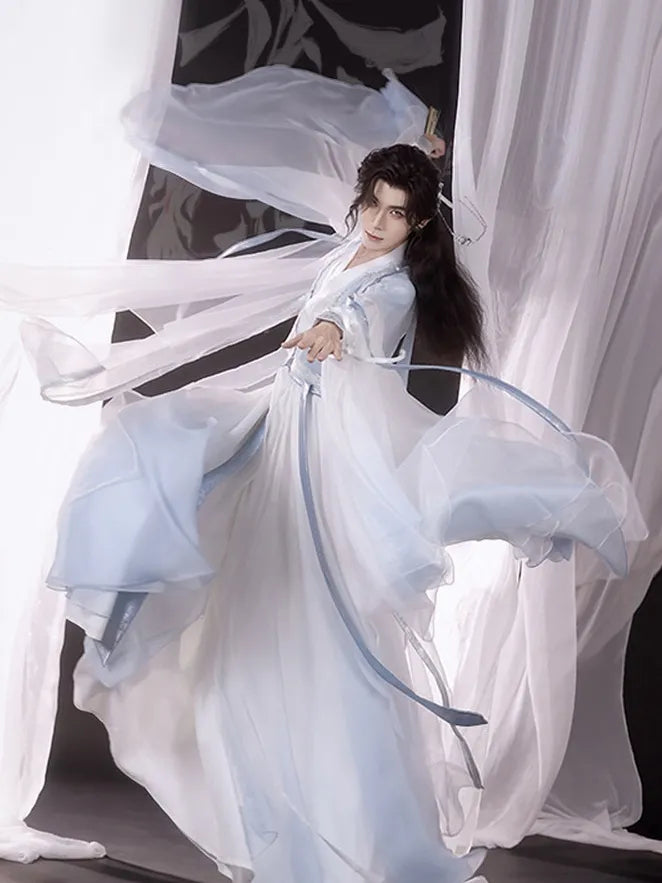 Men’s Blue Hanfu Robe – Unisex Blue White Embroidered Xianxia Long Robe