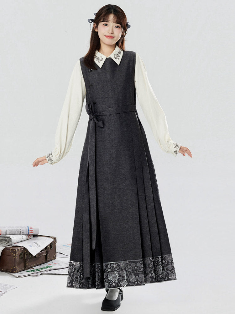 Chinese-Inspired Pinafore Dress with Embroidered Shirt