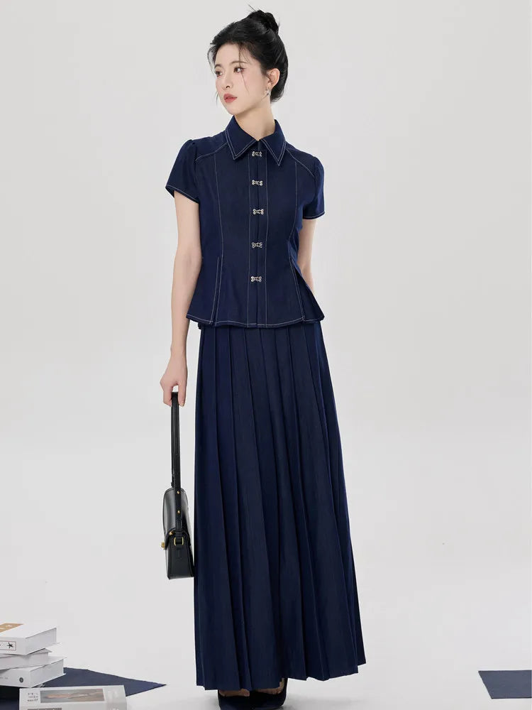 Blue Denim Skirt Set – Chinese-Inspired 2-Piece Outfit