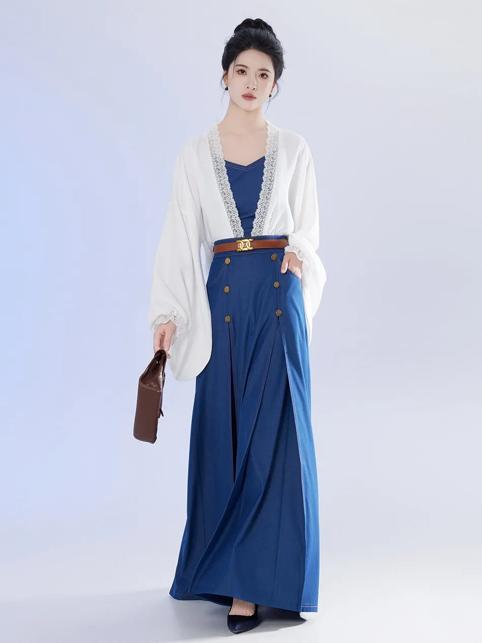 Chinese-Inspired Matching Skirt Set with Lace-Trim Jacket