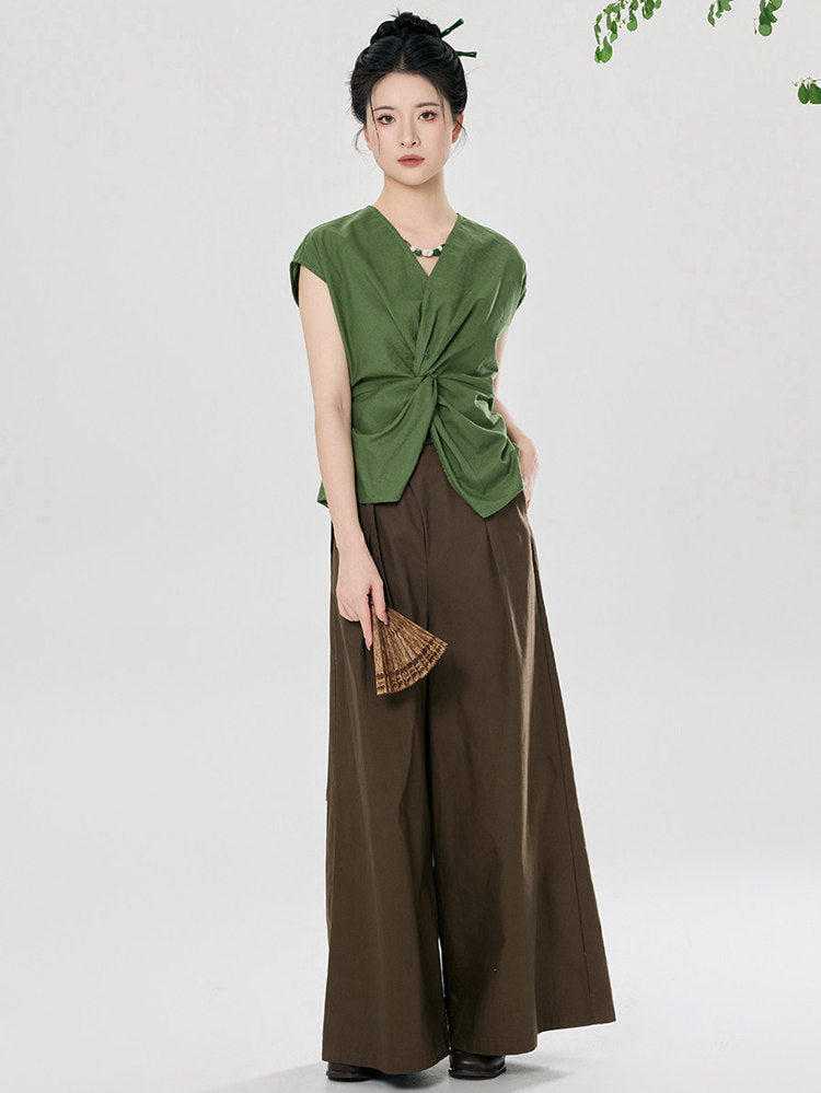 Chinese-Inspired Wide Leg Pants Set – 2-Piece Outfit