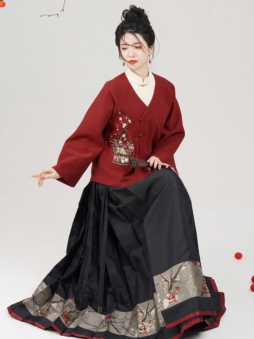 Red Chinese New Year Outfit – Embroidered Jacket & Mamian Skirt Set