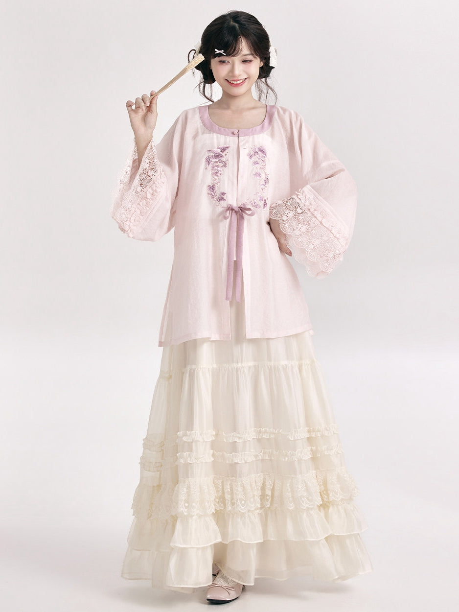 Pink Tiered Maxi Skirt Set – Hanfu-Inspired 2-Piece Outfit