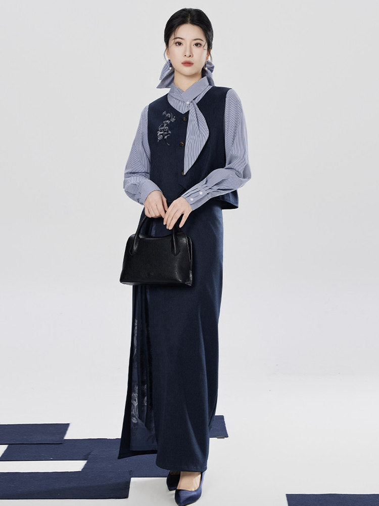 Chinese-Inspired Vest and Wrap Skirt Set with Shirt