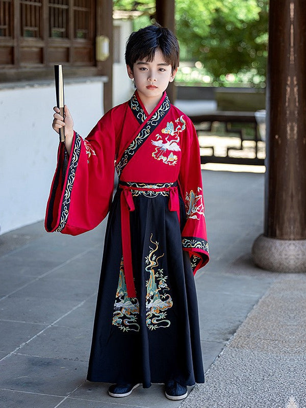 Embroidered Hanfu for Boys – Red and Black