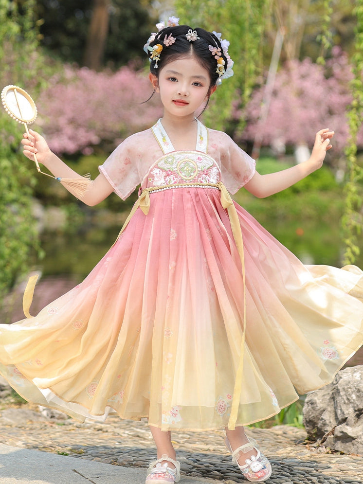 Gradient Hanfu Dress for Girls – Pink to Cream