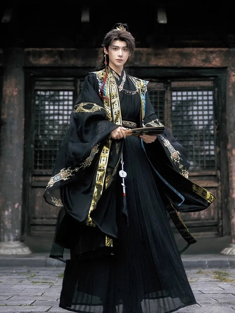 traditional hanfu male clothing featuring detailed patterns and elegant wide-sleeve cape