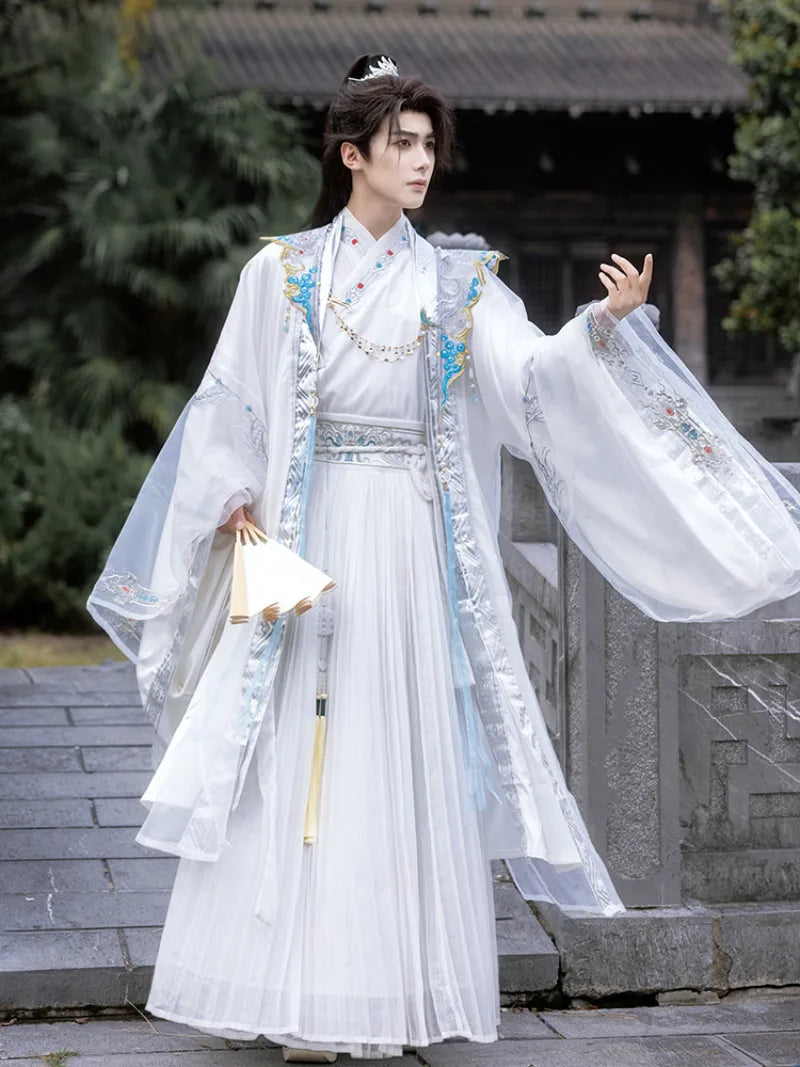 traditional hanfu male clothing featuring detailed patterns and elegant wide-sleeve cape