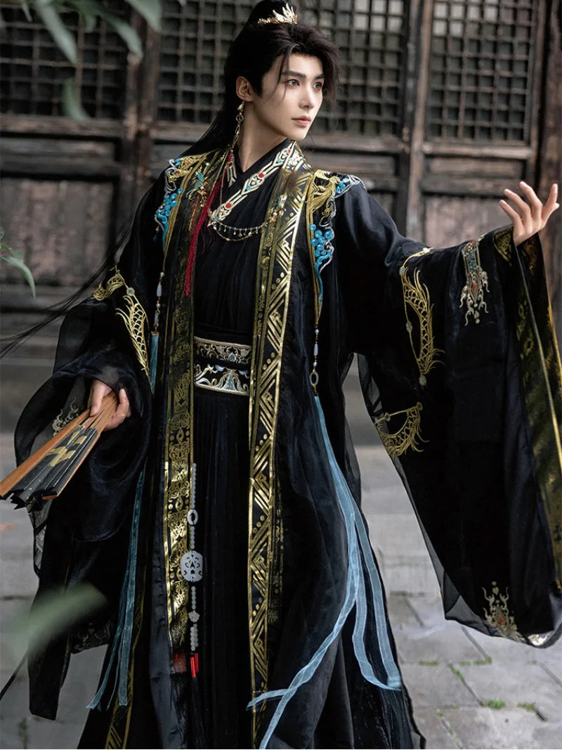 traditional hanfu male clothing featuring detailed patterns and elegant wide-sleeve cape