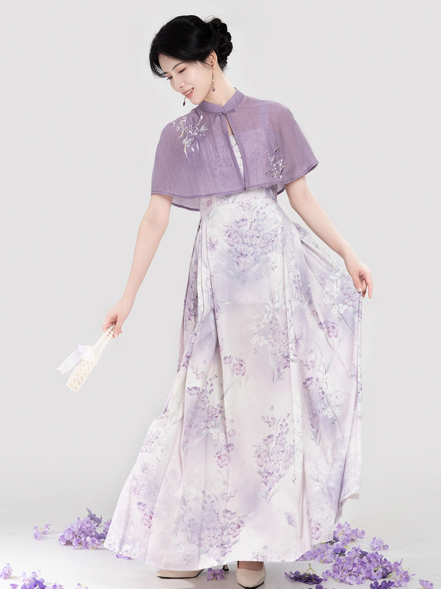 Hanfu Inspired Dress Set – Purple Floral Dress & Short Shawl