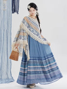 Blue Boho Maxi Dress with Knit Shawl | 2-Piece Outfit