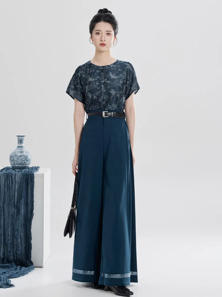 Blue Wide Leg Pants Set for Women | Chinese-Inspired Outfit