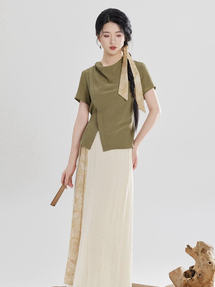 Chinese-Inspired Two Piece Skirt Set | Green Top & Apricot Skirt