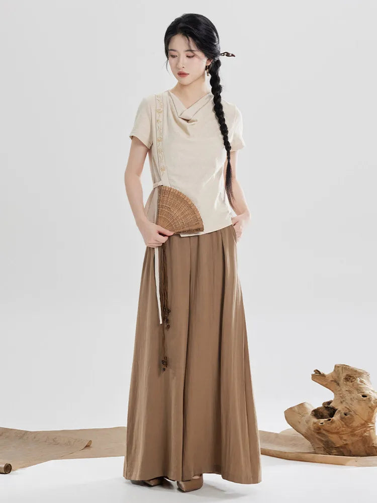 Chinese-Inspired Cotton Top and Wide Leg Pants Set