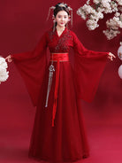 Elegant Hanfu red traditional Chinese dress for women with flowing fairy-like design for festivals and performances