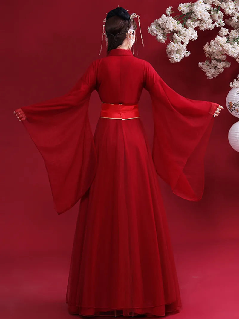 Elegant Hanfu red traditional Chinese dress for women with flowing fairy-like design for festivals and performances