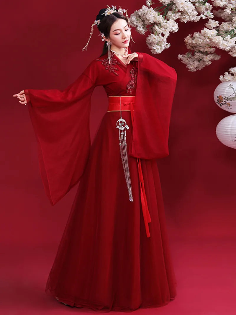 Elegant Hanfu red traditional Chinese dress for women with flowing fairy-like design for festivals and performances