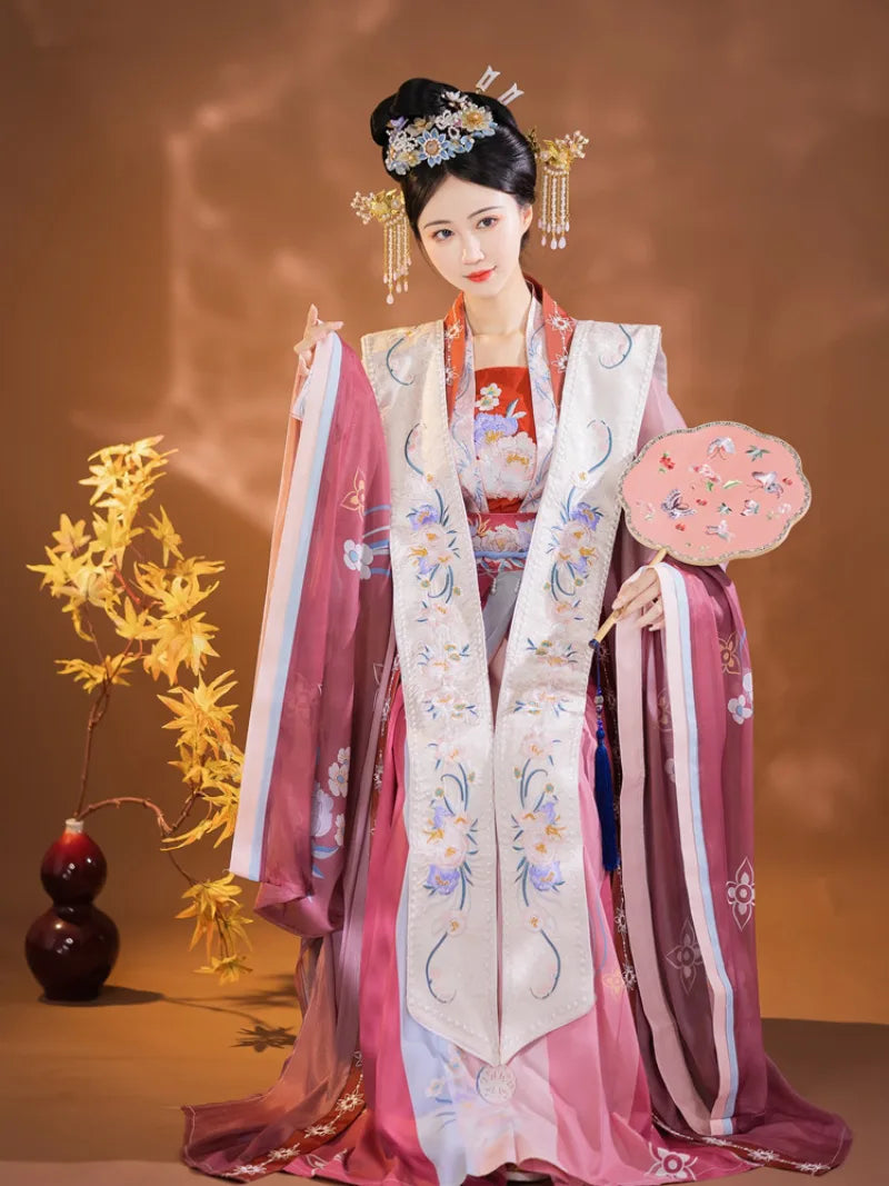 Hanfu Song Dynasty embroidered five-piece summer outfit for women, traditional cross-collar jacket with waist skirt