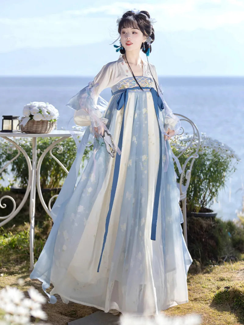 Hanfu story Tang style qi chest dress with soft embroidery and fairy spring colors
