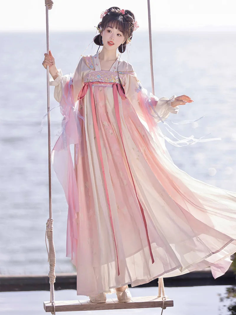 Hanfu story Tang style qi chest dress with soft embroidery and fairy spring colors