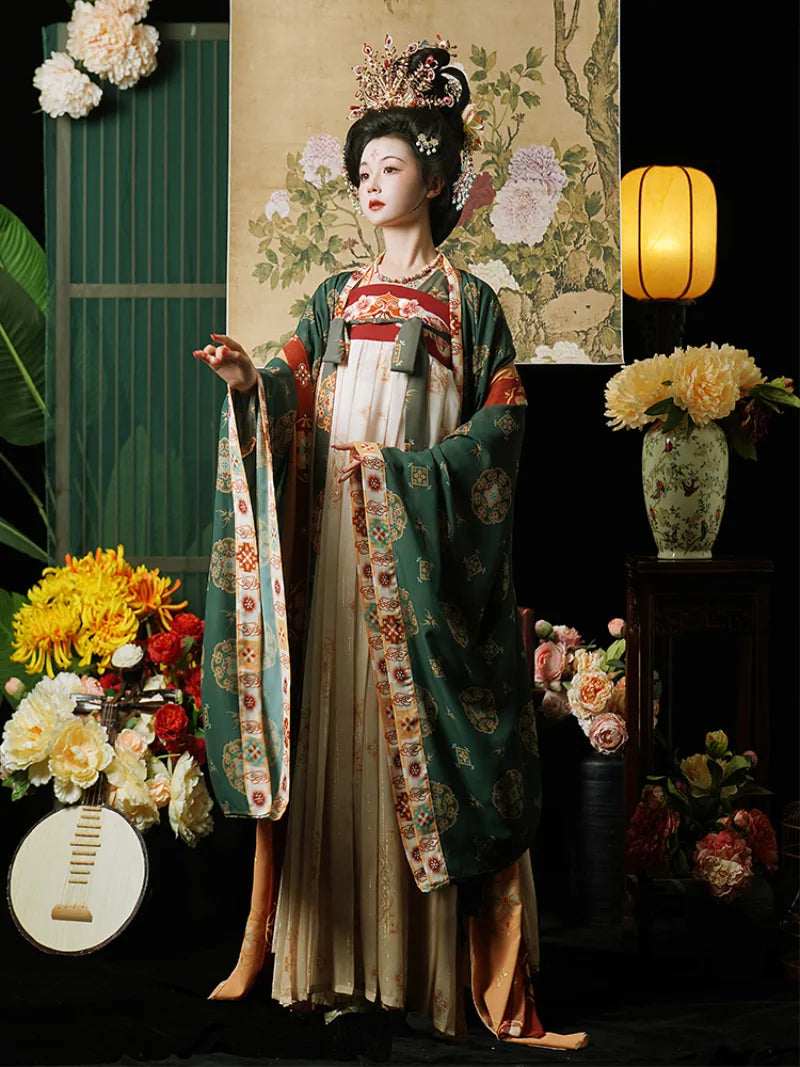Elegant hanfu tang with restored chest-high skirt and flowing wide sleeves for spring and summer wear.