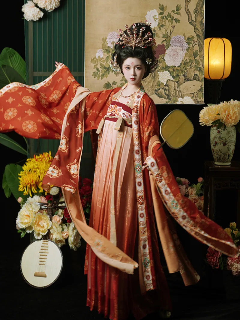 Elegant hanfu tang with restored chest-high skirt and flowing wide sleeves for spring and summer wear.
