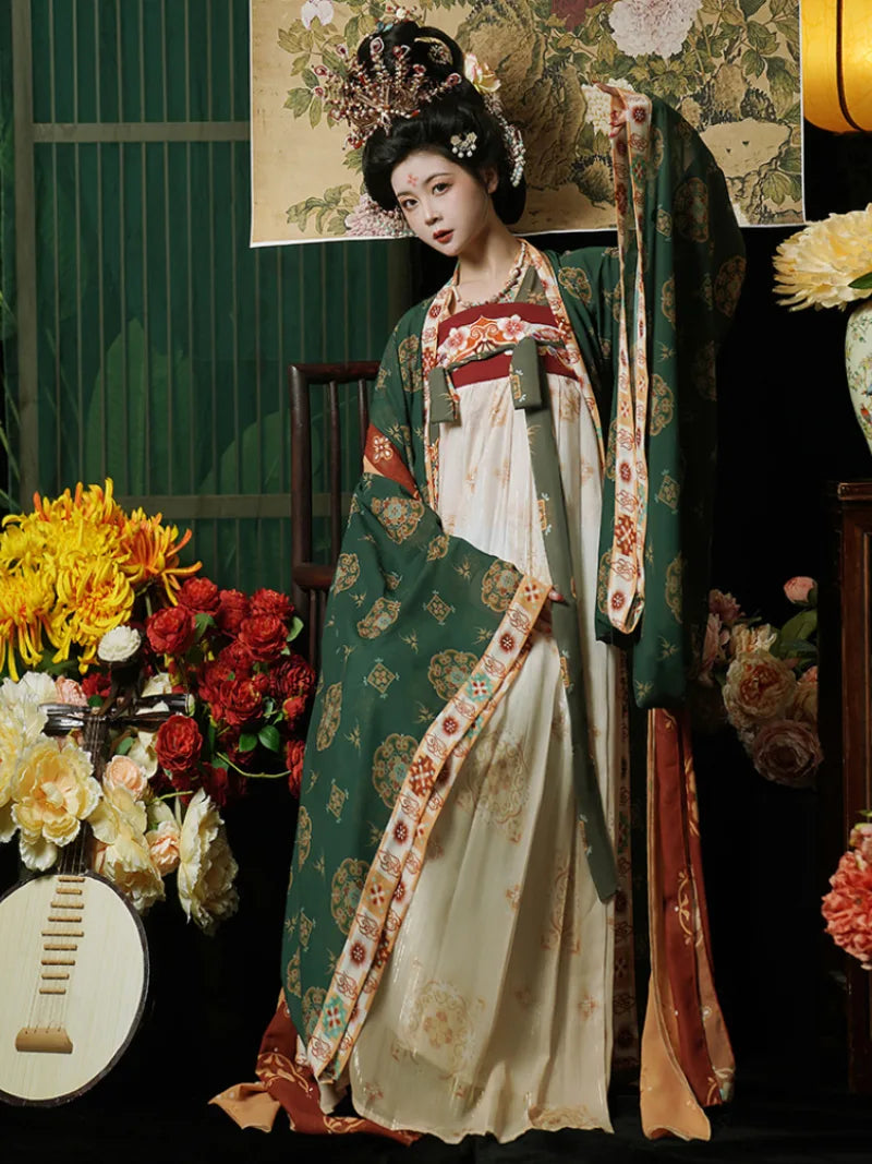 Elegant hanfu tang with restored chest-high skirt and flowing wide sleeves for spring and summer wear.