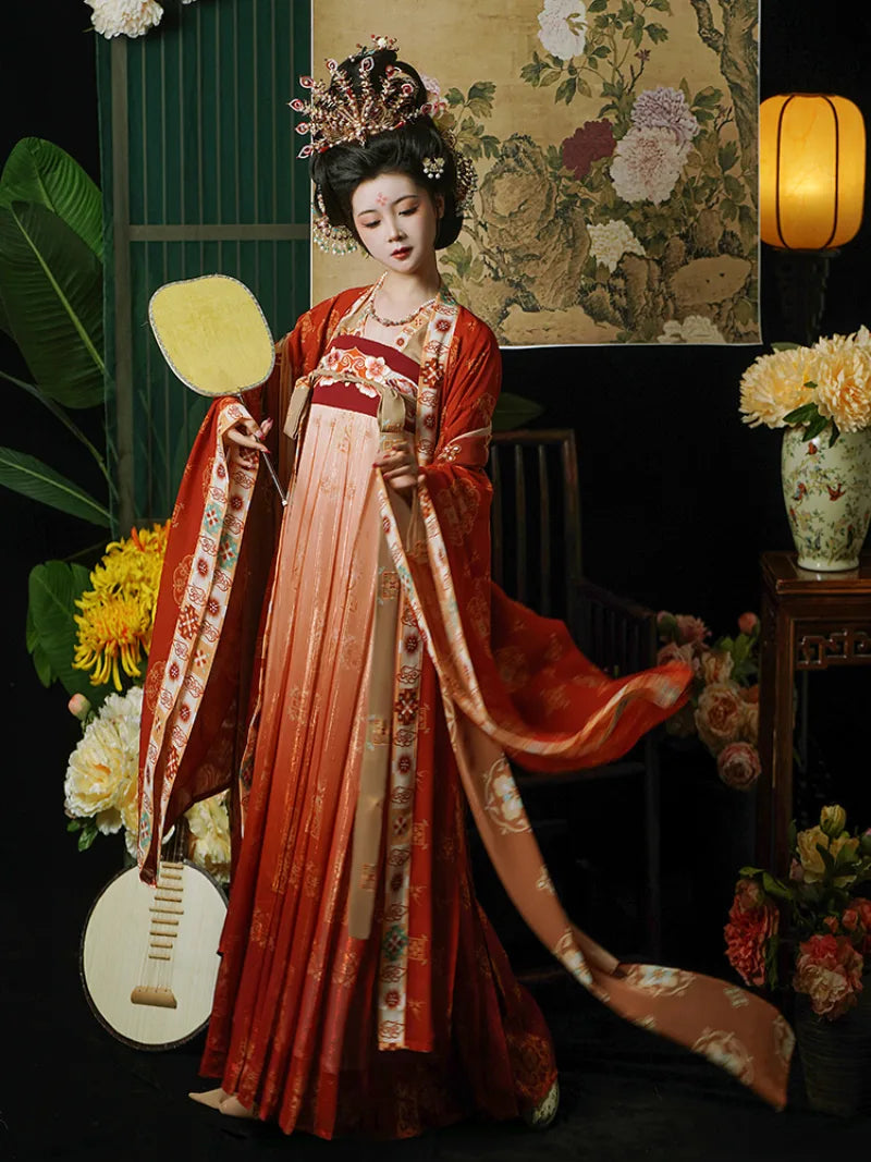 Elegant hanfu tang with restored chest-high skirt and flowing wide sleeves for spring and summer wear.