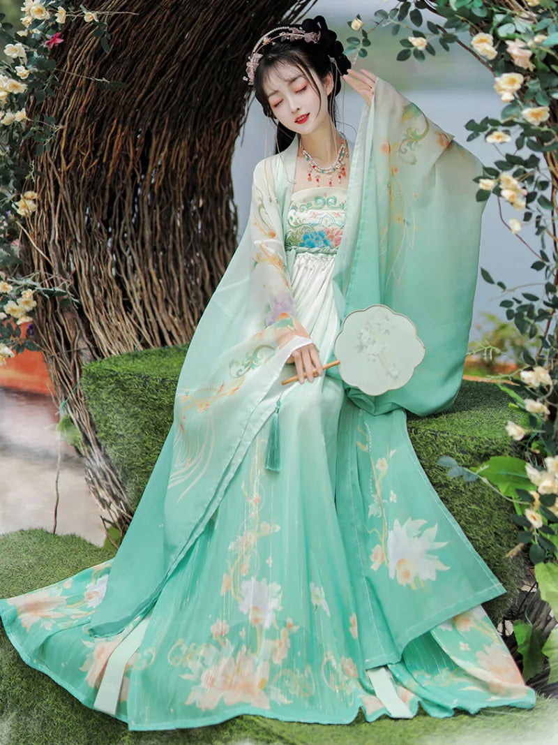 Hanfu Tang dynasty clothing with original hezi skirt and elegant flowing design