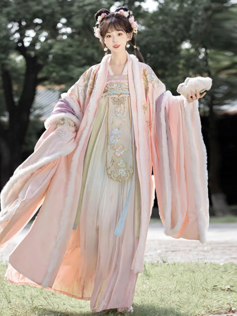 Hanfu Tang Dynasty dress featuring qi chest pleated skirt and wool texture