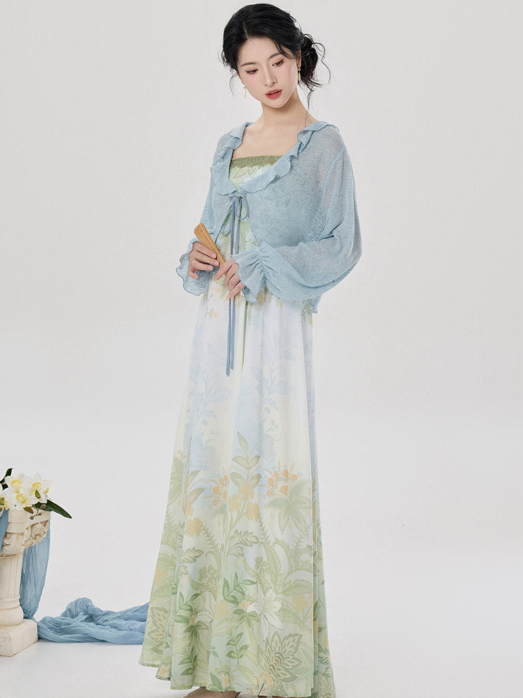 Green Floral Sundress with Knit Cardigan – 2-Piece Set