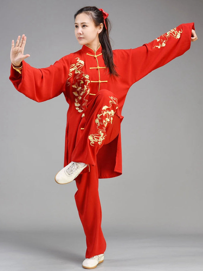 Red Tai Chi Uniform with Ginkgo Cloud Embroidery