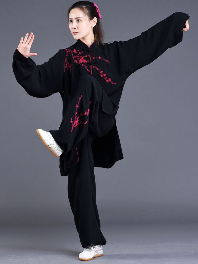 Plum Blossom Tai Chi Uniform for Women – Custom Black Rayon Linen Set