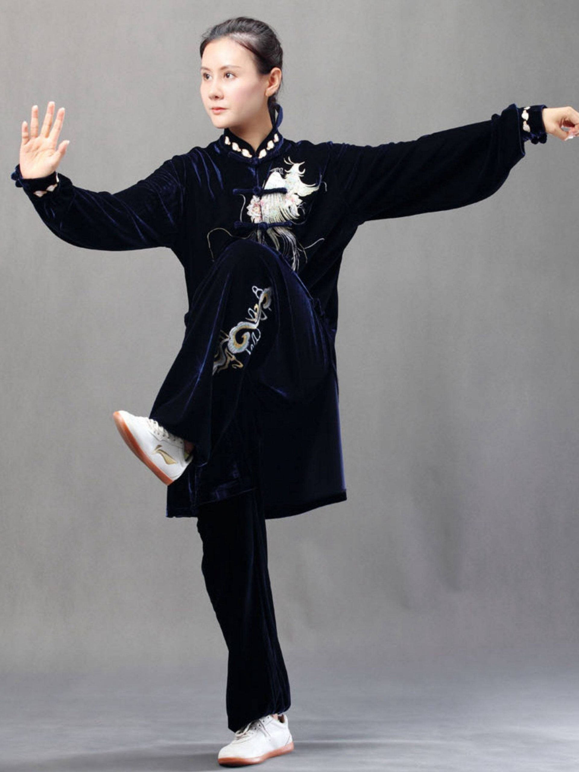 Navy Velvet Tai Chi Uniform for Women – Custom Embroidered Winter Set