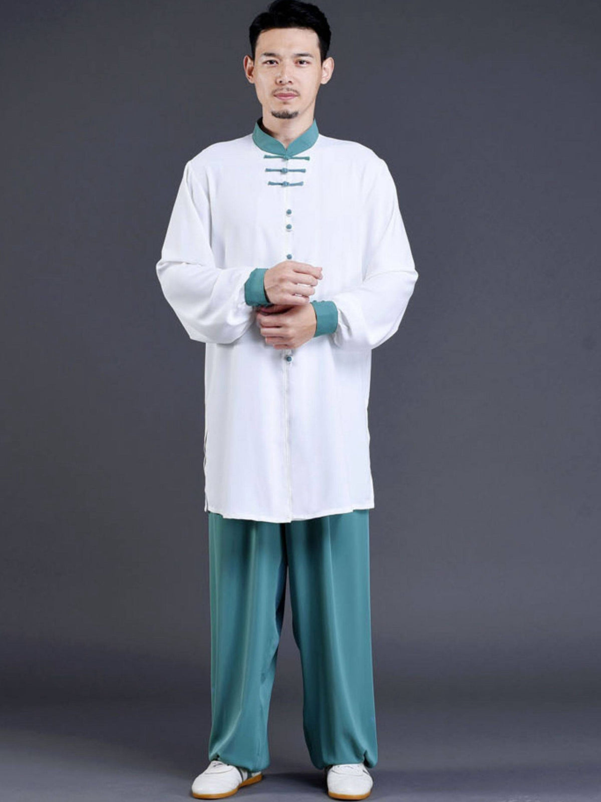 Satin Tai Chi Uniform – Unisex White and Stone Green Custom Set
