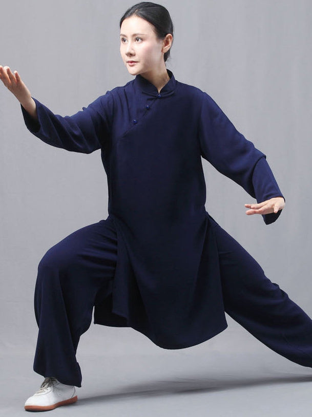 Qipao Style Tai Chi Suit for Women – Navy Silk Linen Custom Set