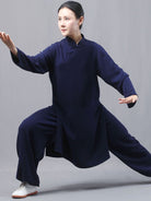 Qipao Style Tai Chi Suit for Women – Navy Silk Linen Custom Set