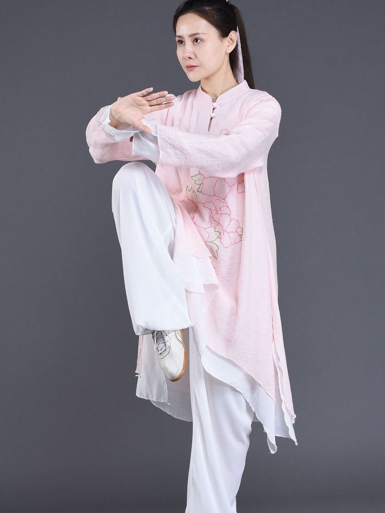 Pink Tai Chi Performance Suit for Women – Embroidered Cotton Linen Set