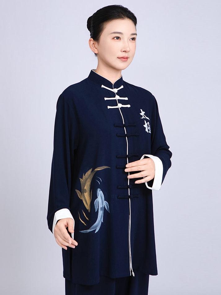 Traditional Wushu Clothing for Women – Blue Hand-Painted Tai Chi Outfit Set