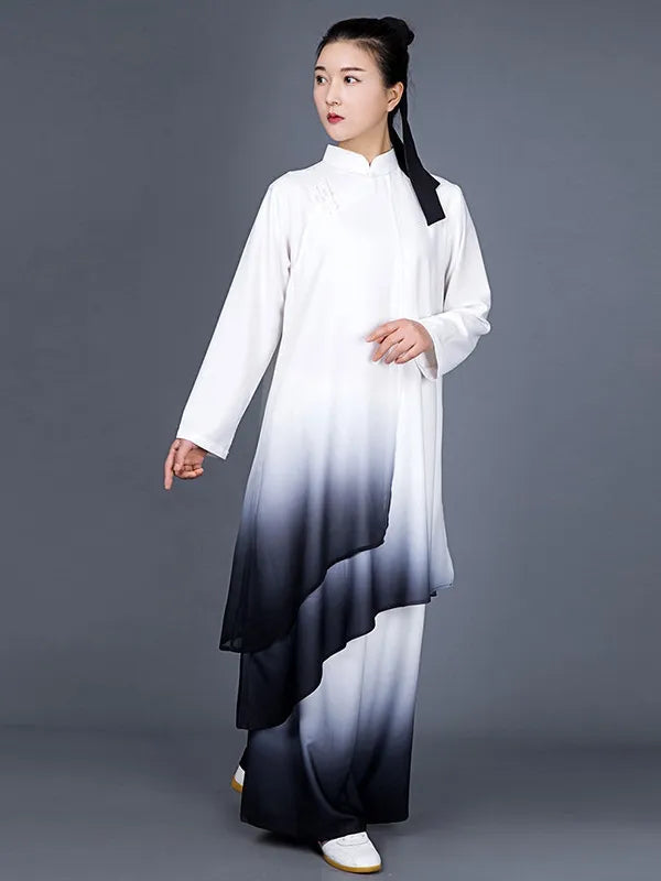 Gradient Tai Chi Outfit for Women – White Stretch Cotton Performance Set
