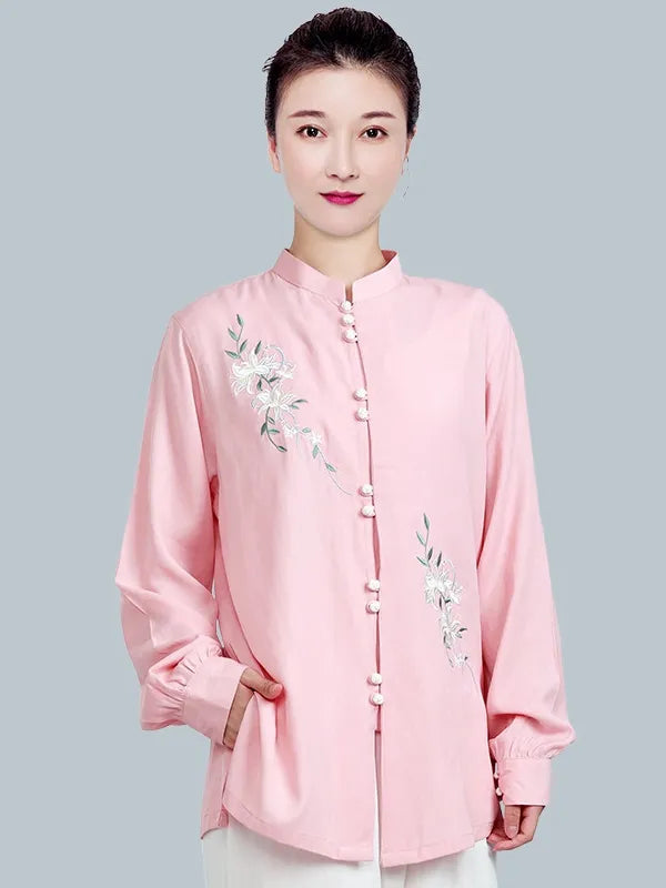 Embroidered Tai Chi Outfit for Women – Cotton Linen Practice Set or Top