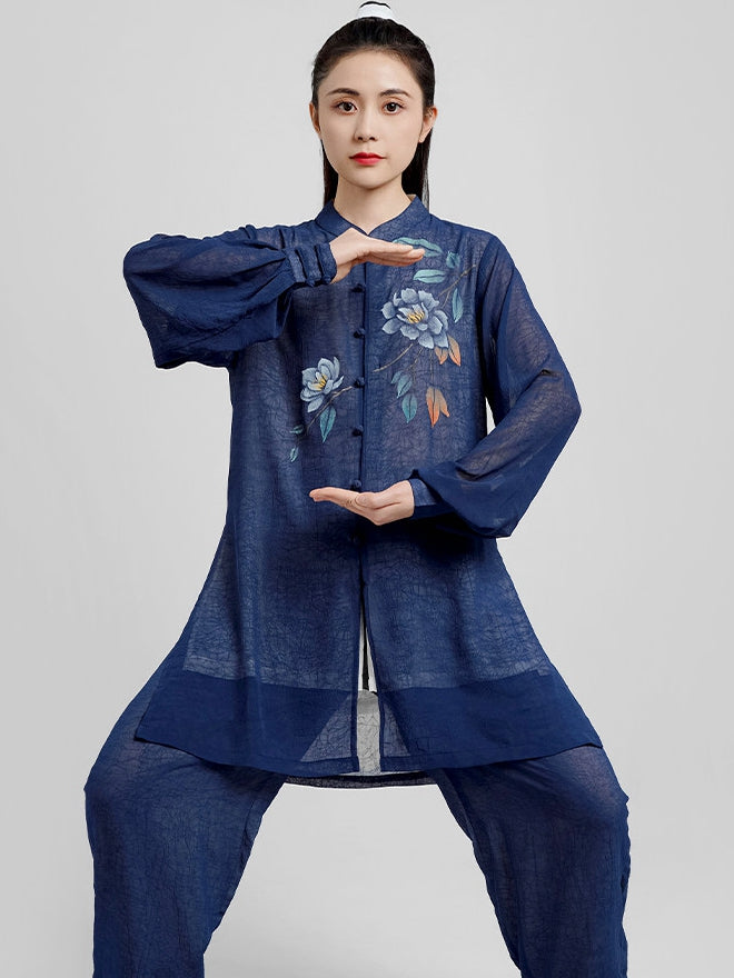 Navy Tai Chi Clothing Set with Floral Details