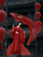 Red Warring States style Hanfu women dress, flowing train, elegant Mid-Autumn festival outfit