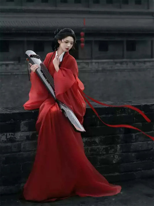 Red Hanfu Women | Warring States Style Robe with Flowing Train