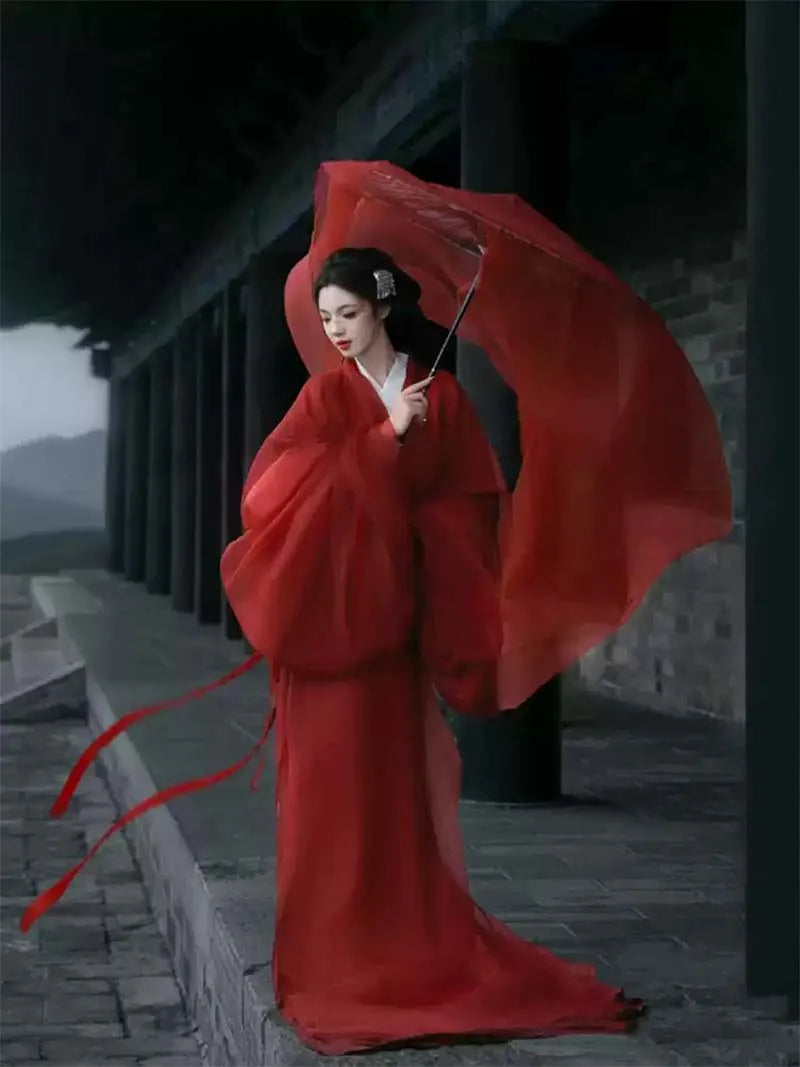 Red Warring States style Hanfu women dress, flowing train, elegant Mid-Autumn festival outfit