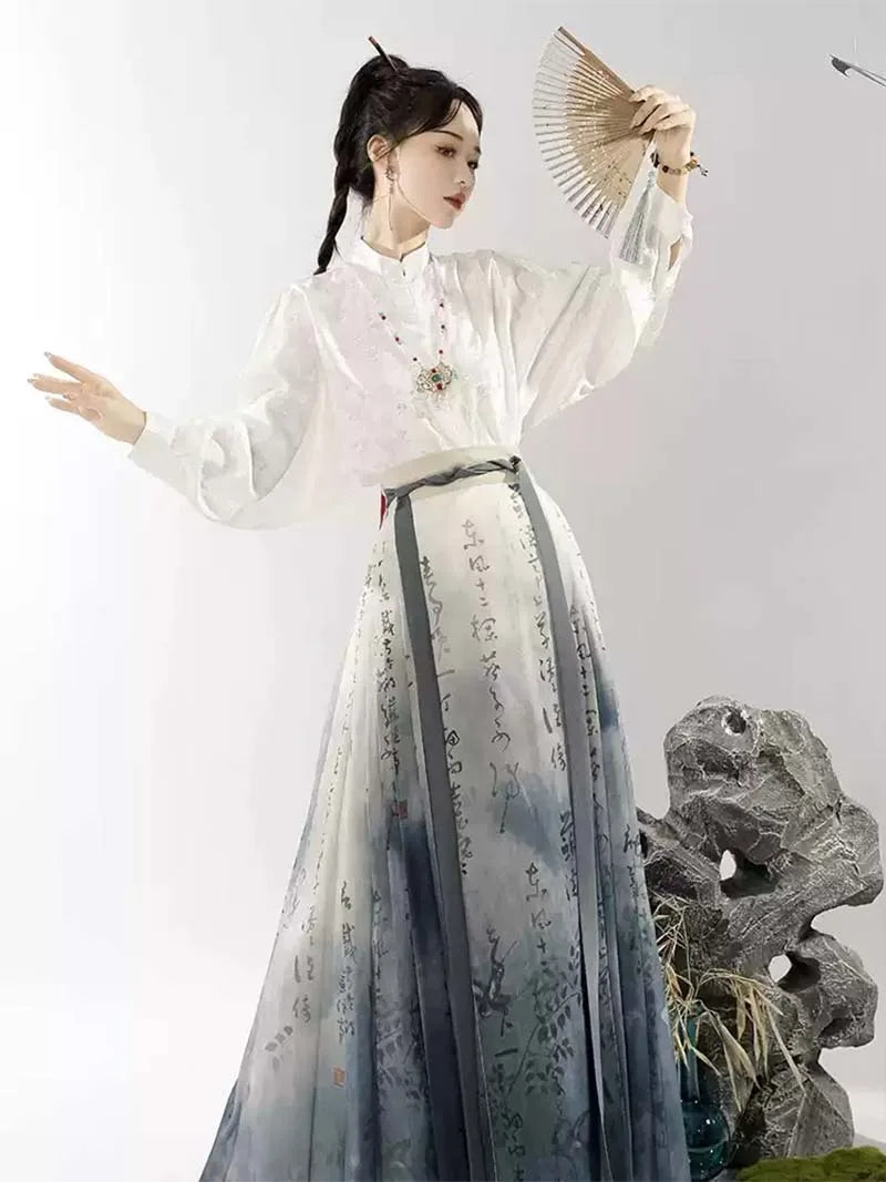 Horse Face Skirt modern Chinese Hanfu half skirt set with calligraphy print, elegant and stylish