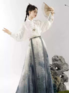 Horse Face Skirt modern Chinese Hanfu half skirt set with calligraphy print, elegant and stylish