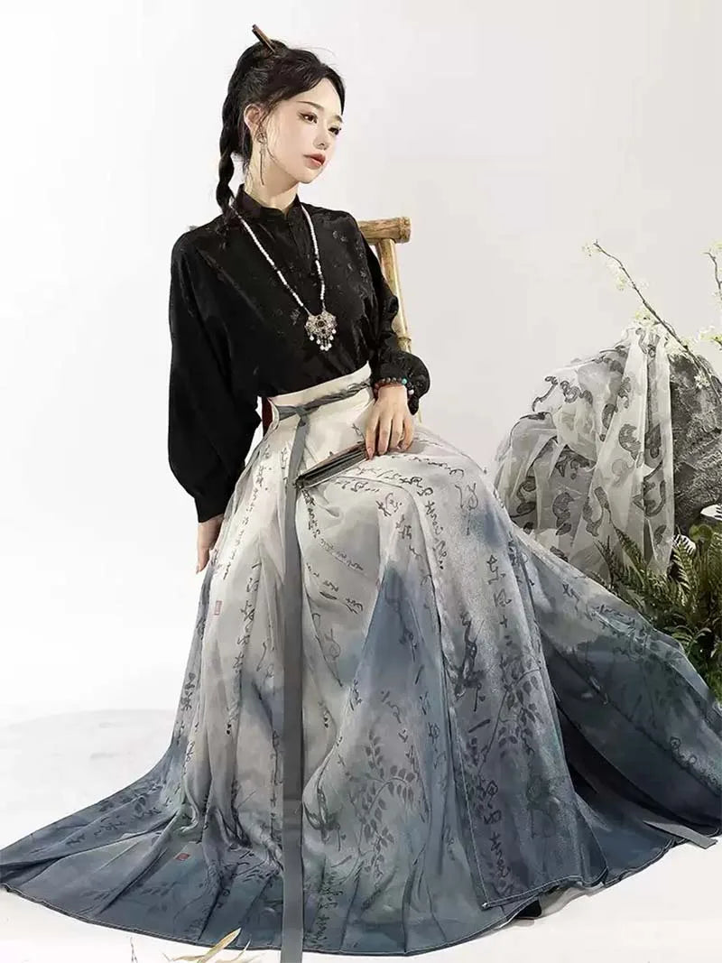 Horse Face Skirt modern Chinese Hanfu half skirt set with calligraphy print, elegant and stylish
